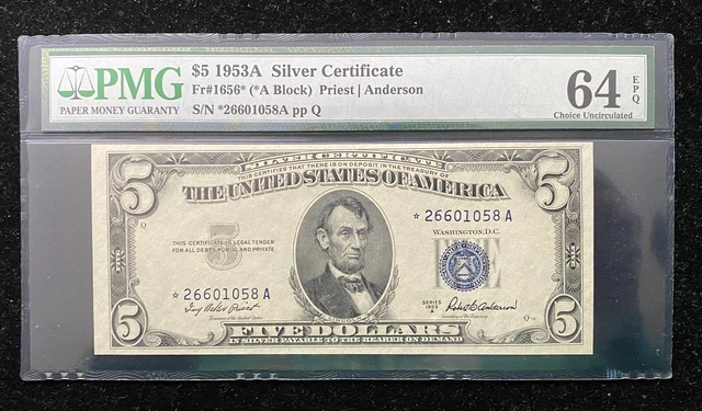1953 A $5 Silver Certificate Star.  Fr# 1656 PMG ChCU 64 EPQ