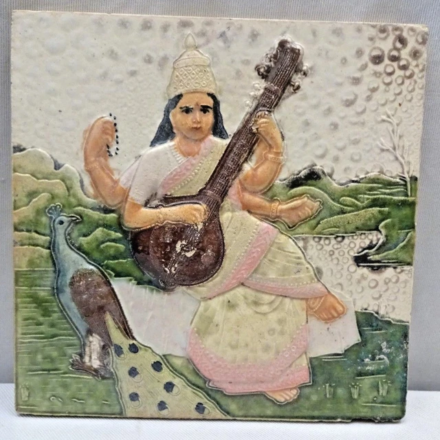 Tile Ceramic Vintage Saraswati Hindu Mythology Majolica India Gawalior Rare #346