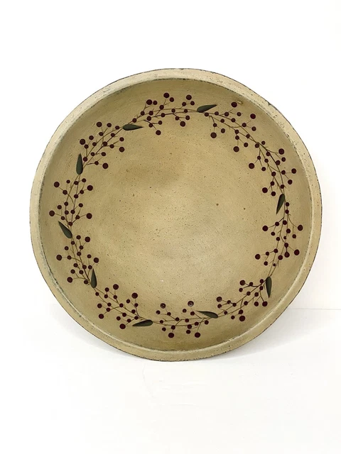 Hand Painted Wood Dough Bowl Donna White Primitive Folk Art Holly Berries Signed