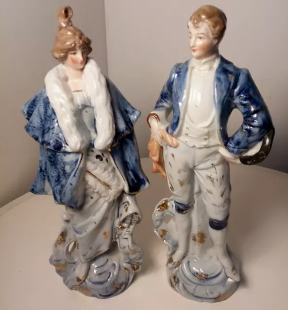 Pair Pottery Mantel figurines- 'Dinner Dress' couple- Flatback ornaments-Glazed