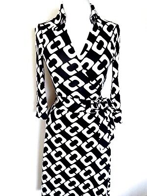 4 6 Diane Von Furstenberg Justin Vintage Chainlink Black White Silk Wrap Dress