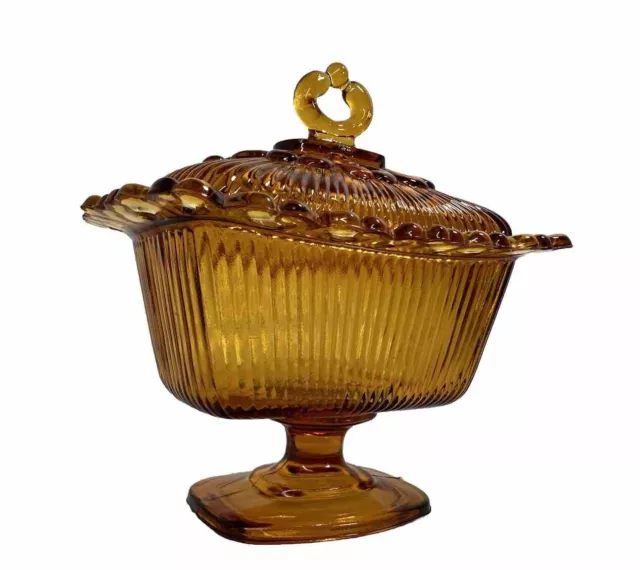 Vintage Indiana Glass Amber Tiara Open Lace Pedestal Candy Dish With Lid