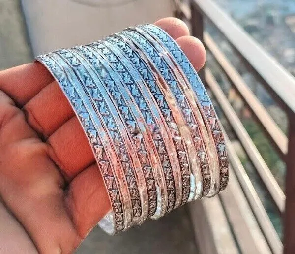 925 Sterling Silver Handmade 14 Set Of Bangle Stackable Anniversary Bangles AP63