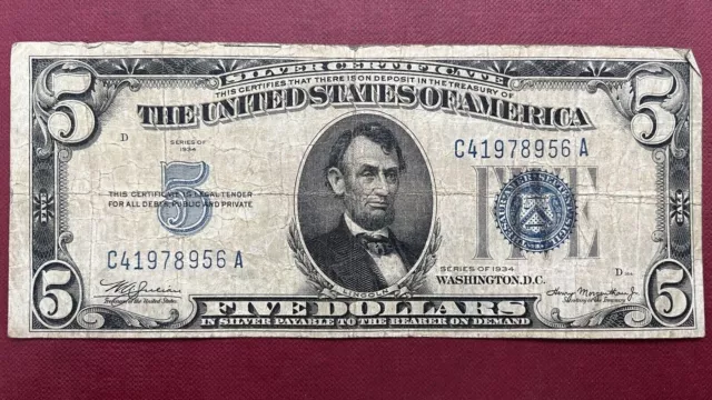 1934 Five Dollar Silver Certificate $5 Bill Blue Seal Note Circulated #58998