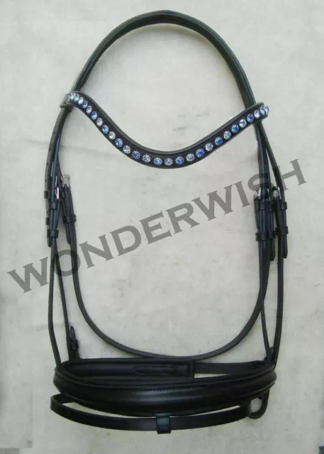 Black Leather English Bridle Horse Tack Padded Wave Large Crystal Browband