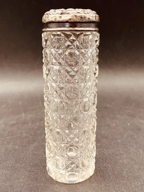 Silver Top Jar Antique Cut Glass Dressing Table Cotton Bud 4 1/2" Nouveau Bottle