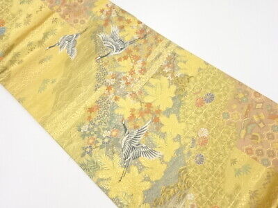 6083436: Japanese Kimono / Vintage Fukuro Obi / Gold Foil / Woven Crane & Floral