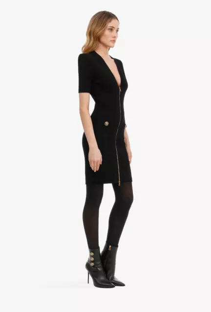 BALMAIN 1995$ Short Black Knit Dress -  Gold-tone Zip Fastening