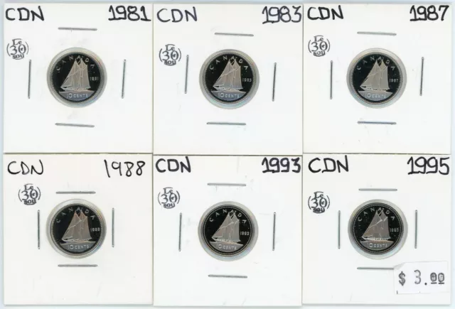 1981 1983 1987 1988 1993 1995 Canada 10 Cents Proof Lot of 6 #17452