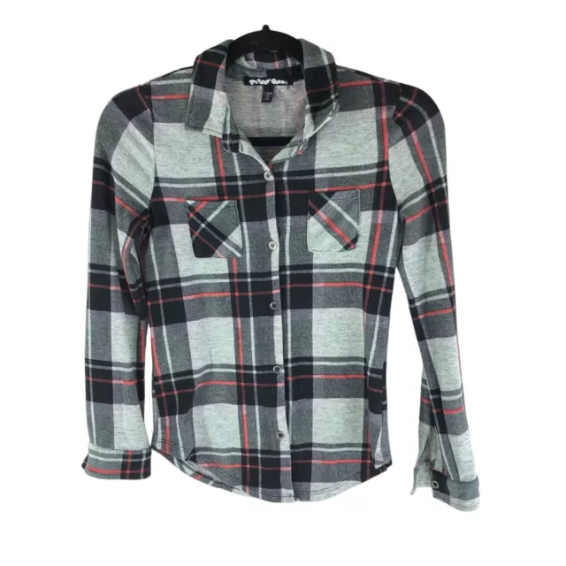 Planet Gold Girls Button Down Plaid Pockets Flannel Shirt Gray L