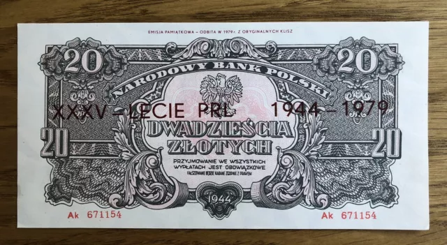 Poland, 20 Zlotych Banknote 1944, Commemorative Issue 1979 35 Years Of PRL, UNC