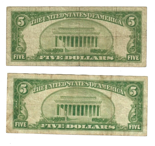 Two 1934 $5 Federal Reserve Notes LGS St. Louis & Kansas City 2
