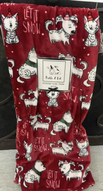 Christmas Oversized Red Throw With Dogs In Winter Hats “Let It Snow”