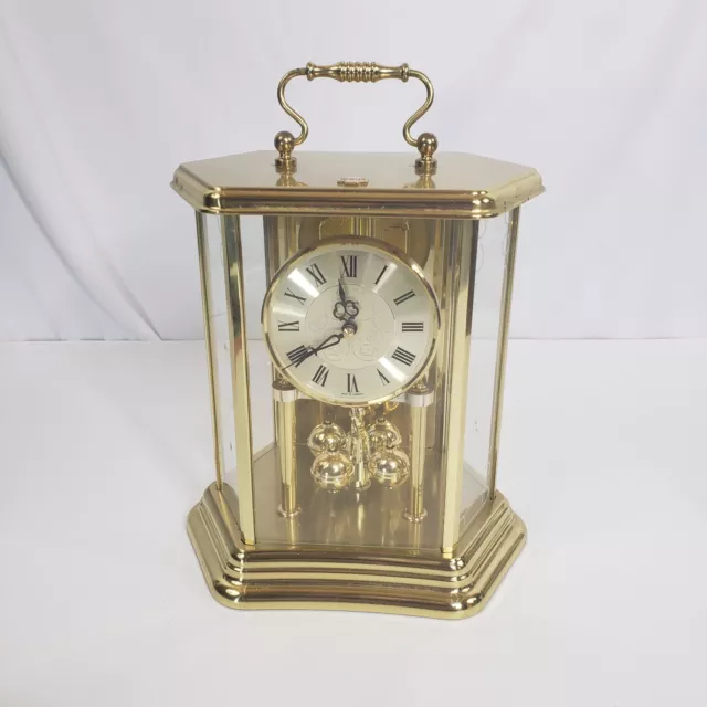 Bulova Hexagon Shaped Desk Mantle Hermle Quartz Clock Germany B8825 Shiny Brass