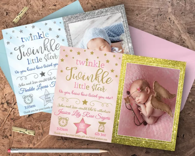 10 Personalised New Baby Photo Thank You Cards / Announcement Twinkle Twinkle