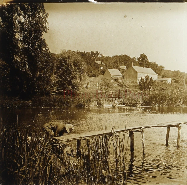 FRANCE Bord de l’eau Paysage c1920 Photo Stereo Plaque verre Vintage V25L15n