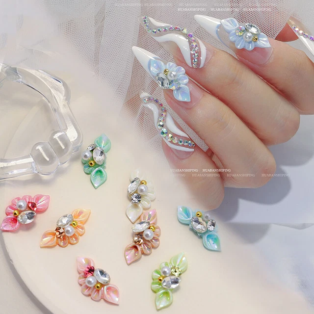 5Pcs 3D Ongles Fleur Acrylique Art Trendy Breloque Strass Gravé W/Cristal ಇ ,