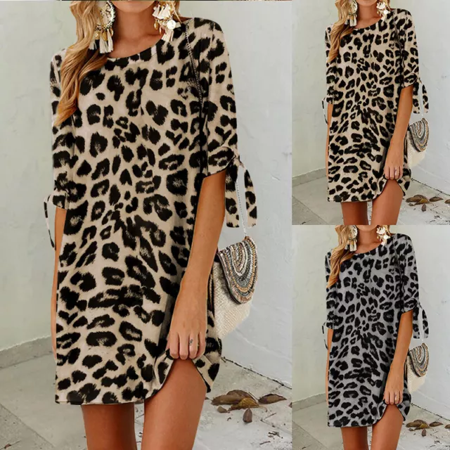 Womens Leopard Print Baggy Oversized Beach Mini T-Shirt Dress Tunic Longline Top