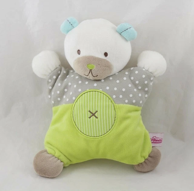 Doudou semi plat ours POMMETTE vert gris pois blanc croix 24 cm (DOU/VA)