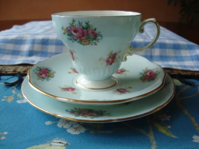 English EB Foley Mid Century Cup, Saucer and Plate Trio - Blue with Pink Roses 3