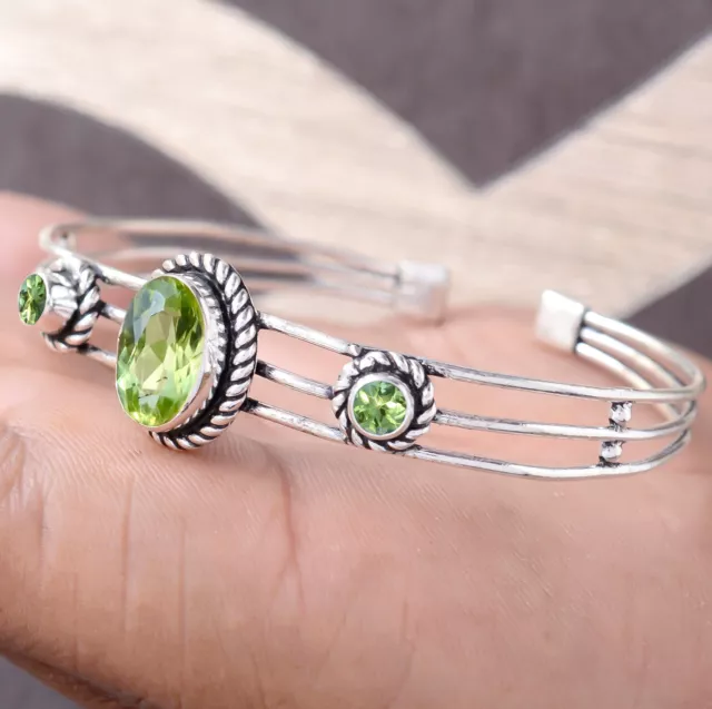 Oval Peridot Cut Gemstone Bracelet 925 Sterling Silver HandMade Cuff Bangle