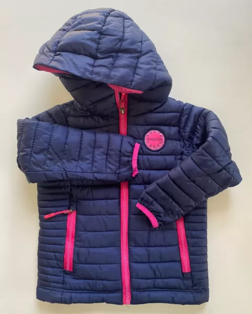 Ghanda baby girl size 1-2 navy blue pink hooded puffer vest pockets, VGUC