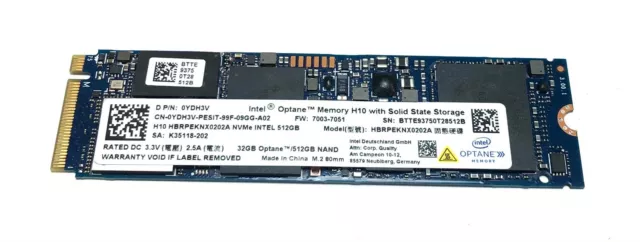 Intel OPTANE H10 512GB PCIe NVMe M2 Solid State Drive HBRPEKNX0202A SSD 0YDH3V