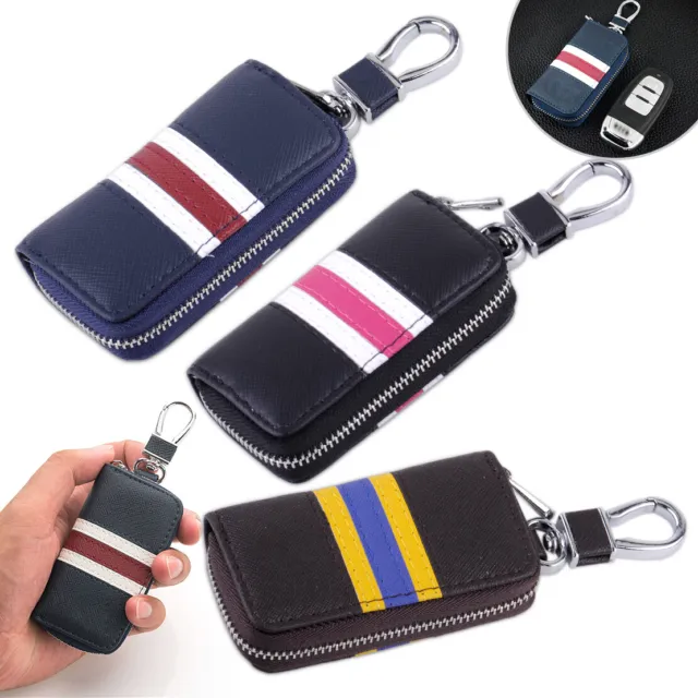 Genuine Leather Car Remote Key Chain Holder Zipper Case Wallet Simple Striped