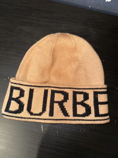 Burberry Tan Logo Black Knit Cashmere Beanie One Size Hat