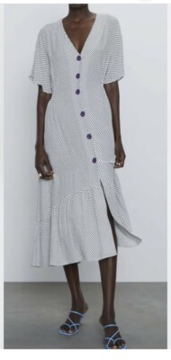 Zara Dress White Black Polka Dot Spot Purple Button Front Midi Cap Sleeve UK M