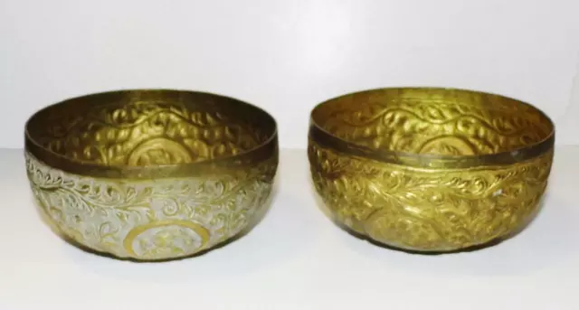 A Pair of Antique Vasudhara Water Ceremony Brass Temple Bowls Hand Made Burma 2