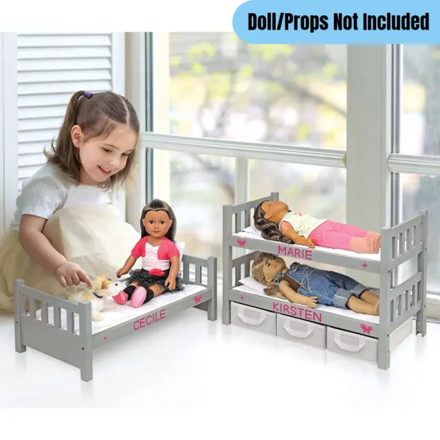 3-Tier Convertible Doll Bunk Bed w/ Bedding Storage Bin Toy Furniture Gray/White
