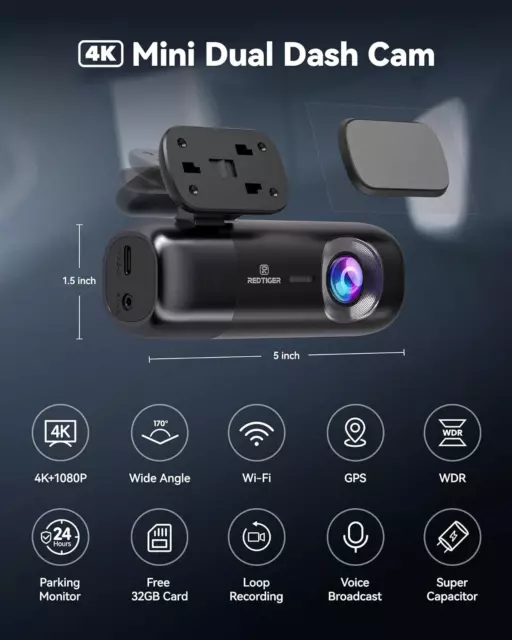 REDTIGER Dash Cam 4K/2.5K Anteriore E Posteriore, Dash Cam Auto Con Wifi E GPS, 2