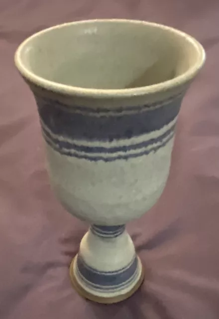 Vintage Ceramic Stoneware Pottery Goblet Blue Stripes Glazed Handmade