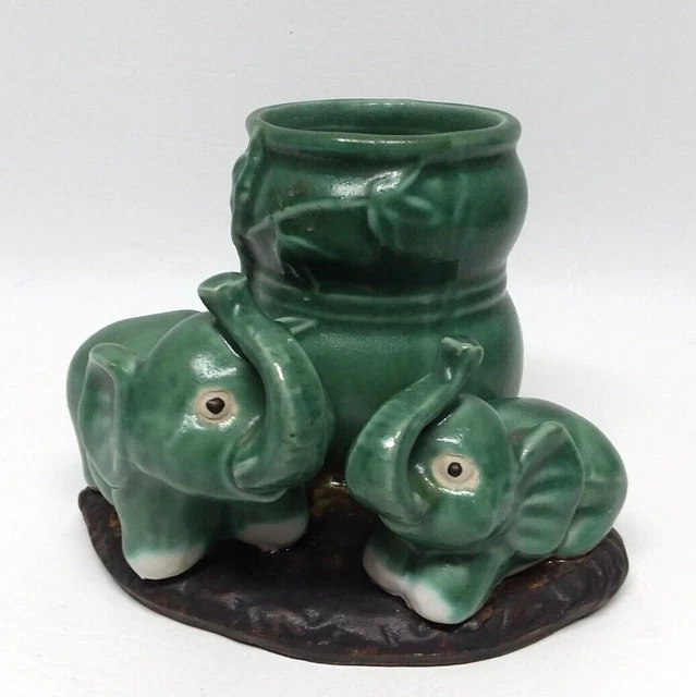 VINTAGE MAJOLICA BABY Elephant Pottery Planter/Vase with Bamboo Design