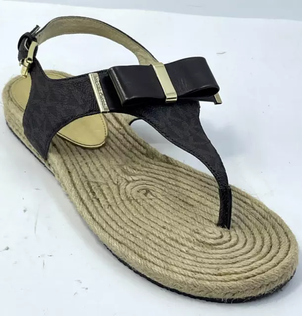 Michael Kors AQ14J Women's Sandals Sz 9.5 M Black Leather T-Strap Espadrilles