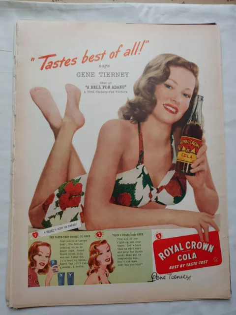 1945 VTG Royal Crown Soda Orig Magazine Ad Gene Tierney Movie Star Actress