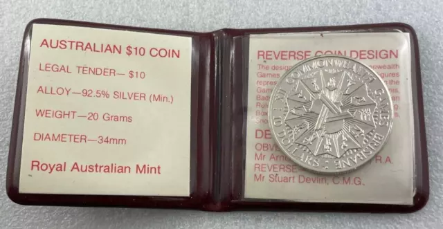 1982 $10 Sterling Silver Brisbane Commonwealth Games UNC Coin + Original Wallet