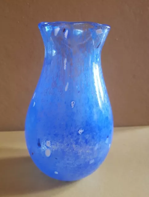Vintage Handblown Blue & Clear Mottled Confetti Art Glass Vase