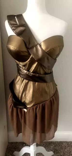 WONDER WOMAN  XL Gold Bronze Faux Leather Chiffon COSTUME Cosplay BUSTIER Dress