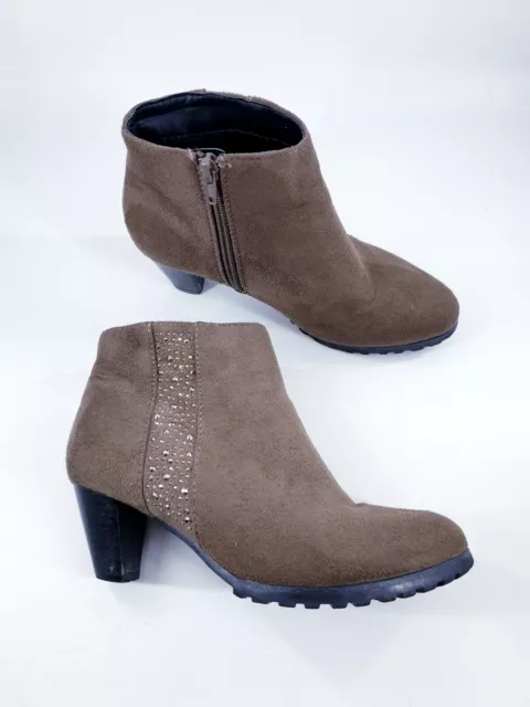 Damart size 3 (36) brown faux suede side zip diamante block heel ankle boots