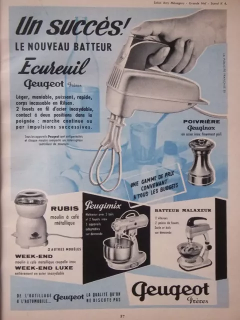 Publicité De Presse 1958 Peugeot Batteur Électrique Écureuil Rubis - Advertising