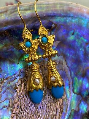 18K Gold Plated Turquoise & Pearl Floral Drop Earrings Handcrafted in Istanbul