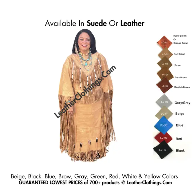 Women Maxi Native Indian Powwow Regalia Leather Fringed Wedding Dress, M10B