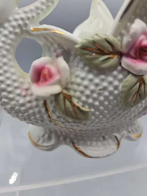 Swan Porcelain Planter Vase Figurine Japan White Pink Roses Ceramic Trinket Vtg 3