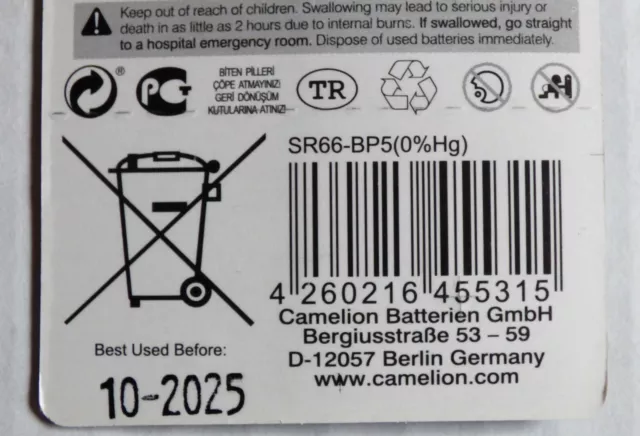 2 Piles Oxyde d'Argent  Camelion   (1,55V) SR66 / LR66 / AG4 / LR626 / 376 / 377 3