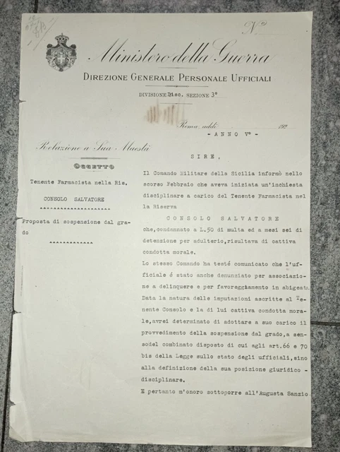 Autografo Mussolini Su Decreto Ministero Guerra- Relazione A Sua Maestà Anno V