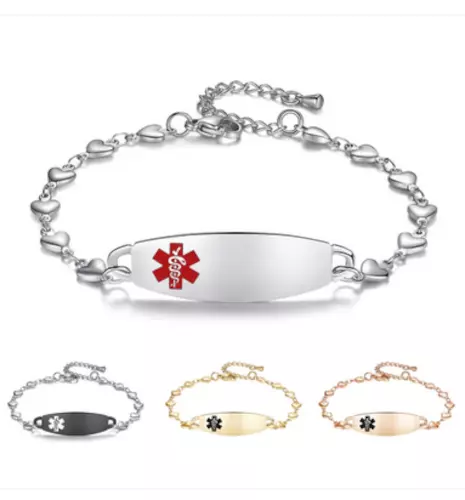 CUSTOM ENGRAVE Medical Alert ID Stainless Heart & Charm Chain Bracelet 3 Colors!