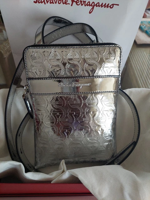 NIB Salvatore Ferragamo Metallic Silver Embossed Leather Crossbody Messenger bag