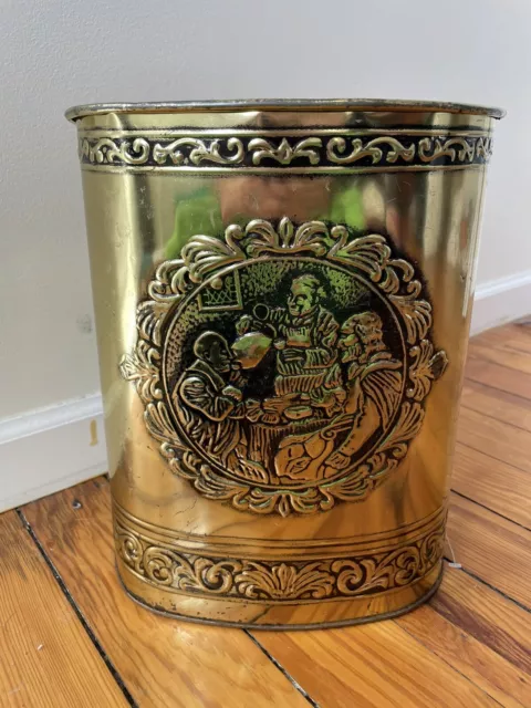 VTG MCM Weibro Chicago Embossed Metal Trash Can 13” Gold Family Dinner